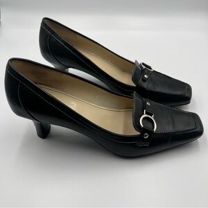 AK Anne Klein iflex Black Leather Loafer Heels Sz 8.5 Buckle Square Toe
